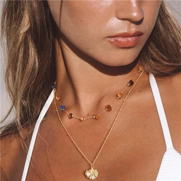 Multicolored Turquoise Necklace | Gold Boho Stone Pendant. - Picture 5 of 6